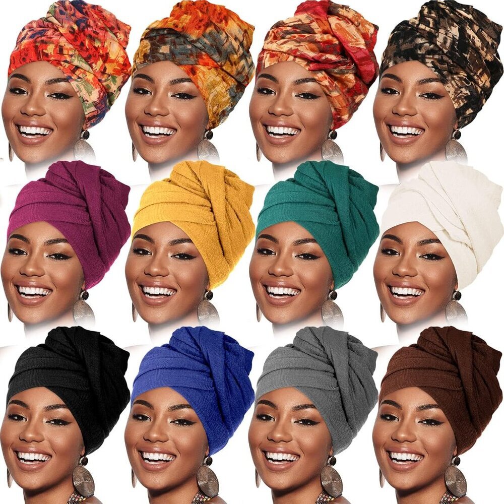 12 Pack Cotton Head Wraps For Women Black Turban Scarves Fashion Accessories